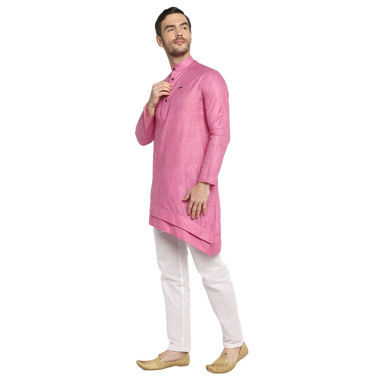 Pink Solid Straight Cotton Blend Men's Kurta