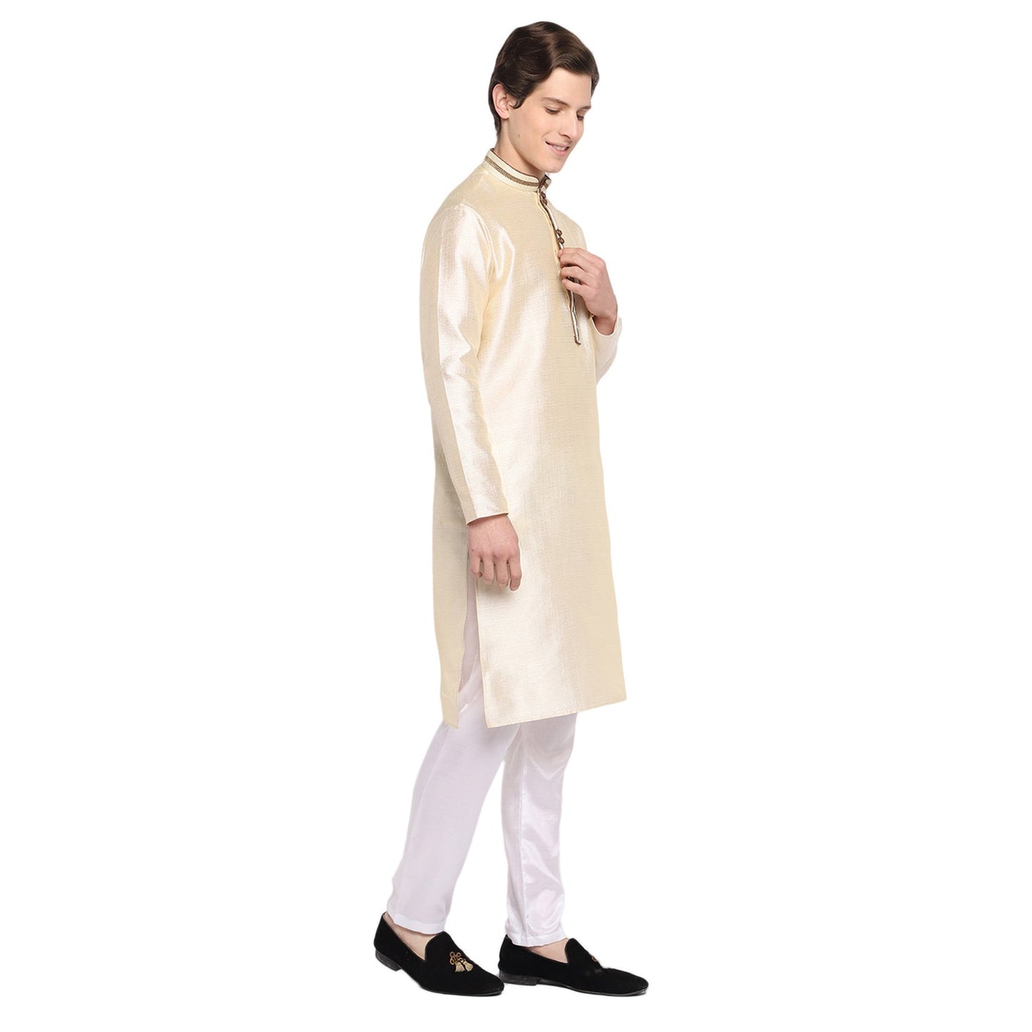 Off White Straight Embroidered With Loop Button Silk Blend Men's Kurta