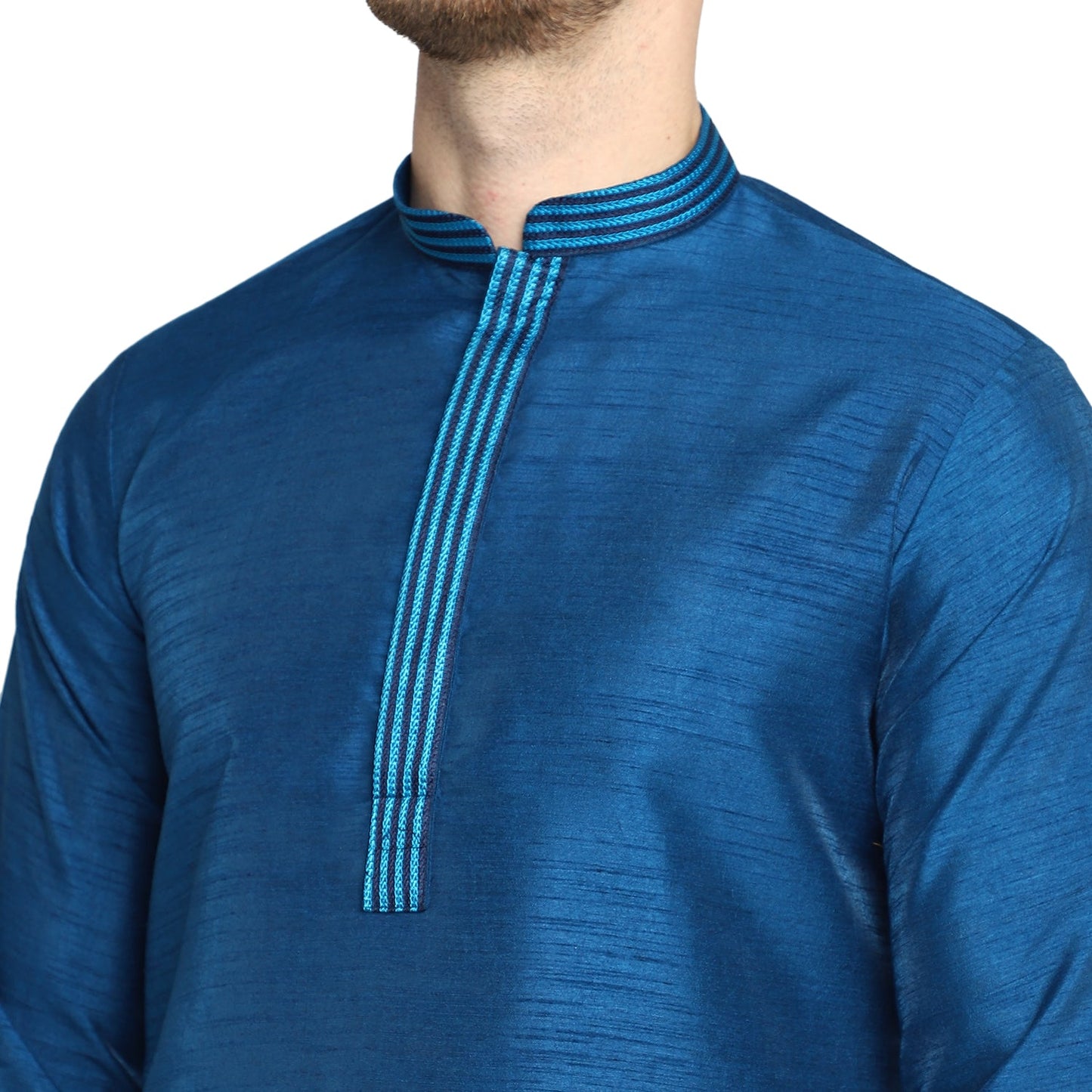 Blue Straight Silk Blend Embroidered Men's Kurta