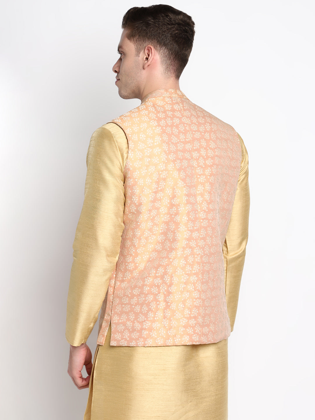 Men Peach Coloured Embroidered Woven Nehru Jackets